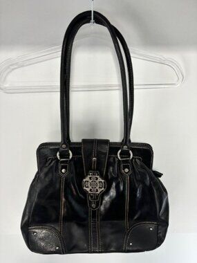 Kate Landry Black Leather Shoulder Bag Contrast Stitch Silver Medallion Clasp